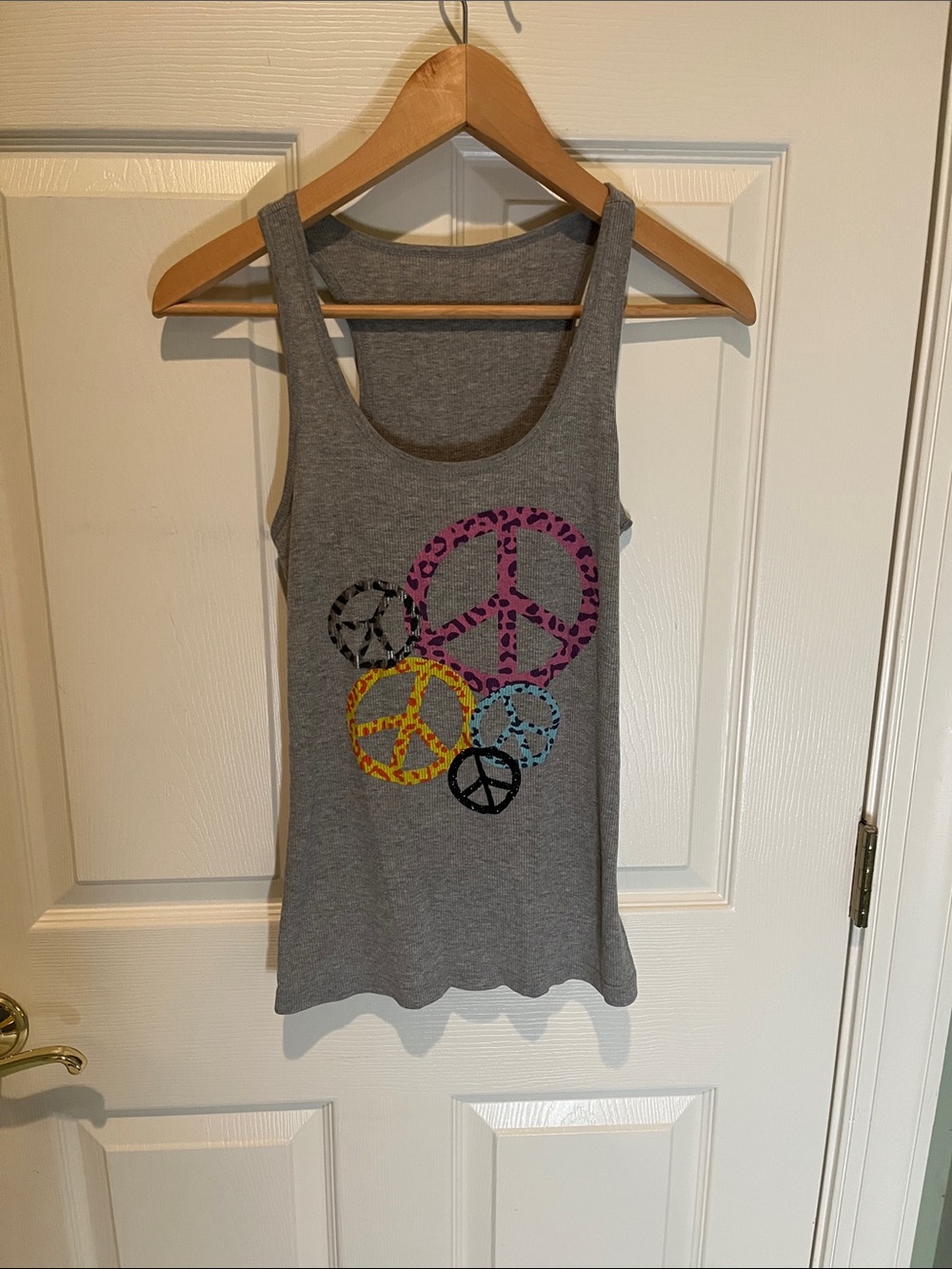 Gray Tank Top with Colorful Leopard Peace Signs
